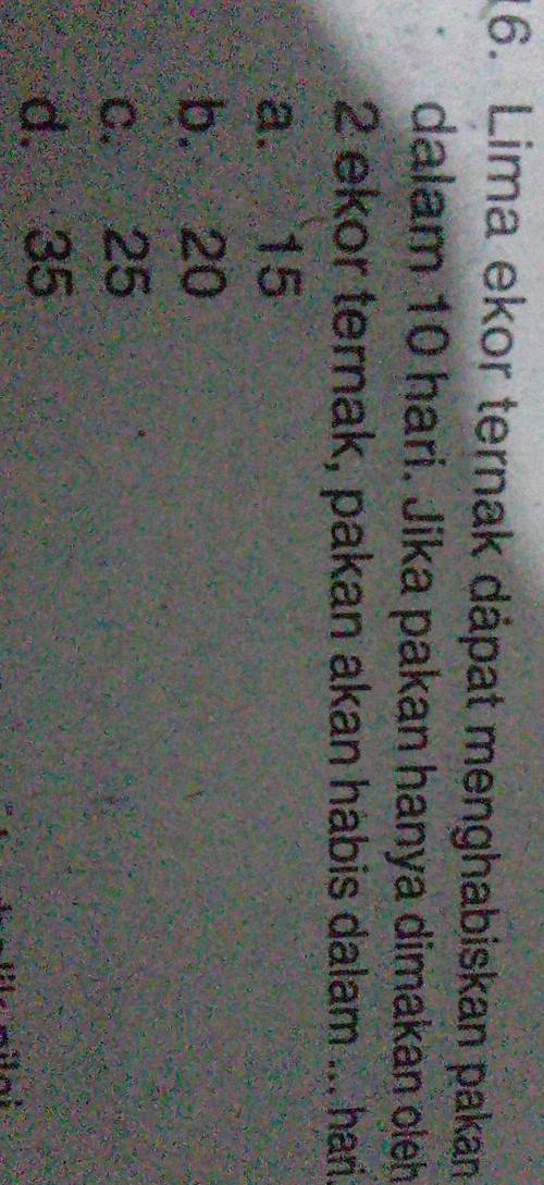 Lima ekor ternak dápat menghabiskan pakan
dalam 10 hari. Jika pakan hanya dimakan oleh
2 ekor ternak, pakan akan habis dalam ... hari.
a. 15
b. 20
c. 25
d. 35