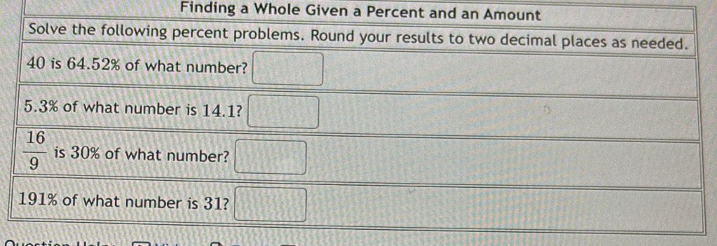 Finding a Whole Given a Percent