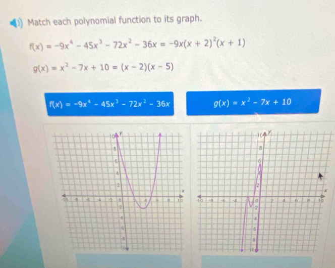 Match each polynomial function to its graph.
f(x)=-9x^4-45x^3-72x^2-36x=-9x(x+2)^2(x+1)
g(x)=x^2-7x+10=(x-2)(x-5)
f(x)=-9x^4-45x^3-72x^2-36x g(x)=x^2-7x+10