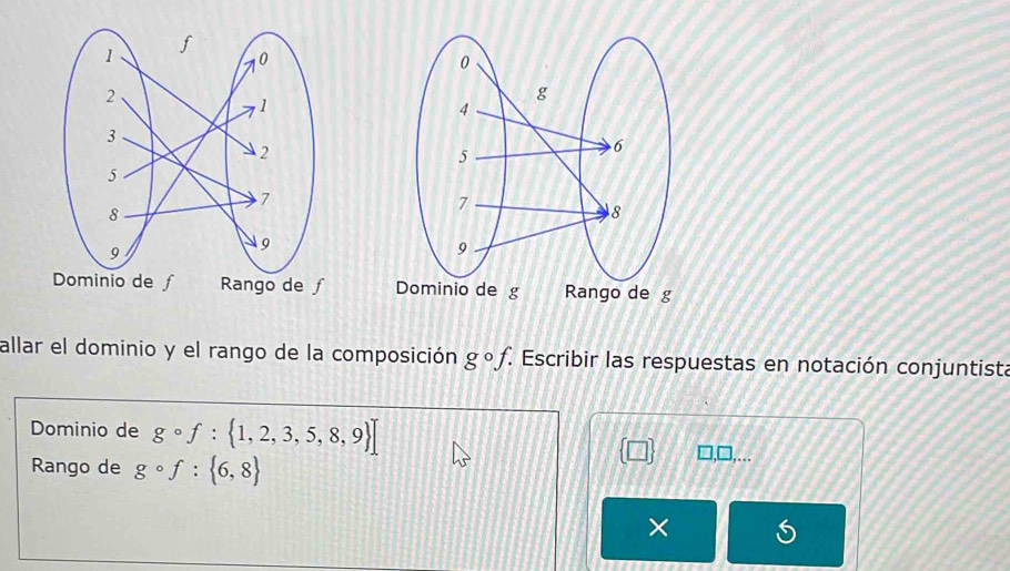 allar el dominio y el rango de la composición gcirc f.. Escribir las respuestas en notación conjuntista
Dominio de gcirc f: 1,2,3,5,8,9 ]
Rango de gcirc f: 6,8
□ □ ,□ ...
× S