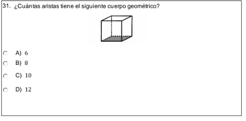 ¿Cuántas aristas tiene el siguiente cuerpo geométrico?
C A) 6
B) 8
C) 10
D) 12