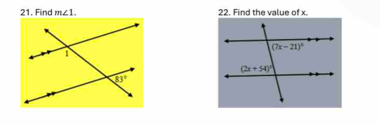 Find m∠ 1. 22. Find the value of x.