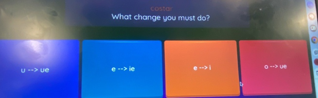 costar 
What change you must do?
0=-> ue 
ue 
ie
eto i