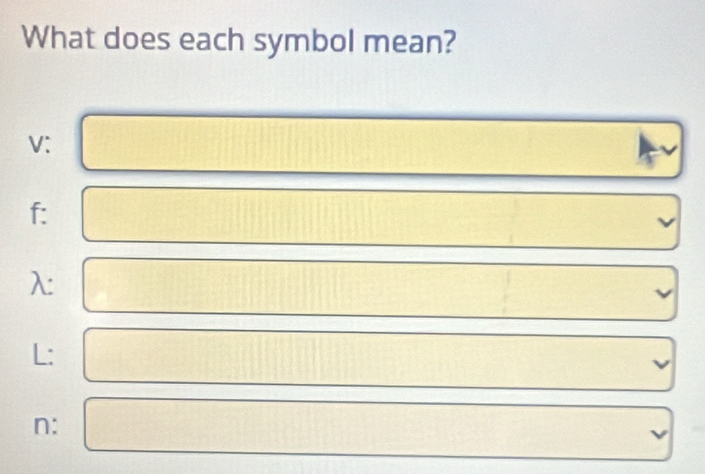 What does each symbol mean?
V :
f :
λ :
L :
n :
a