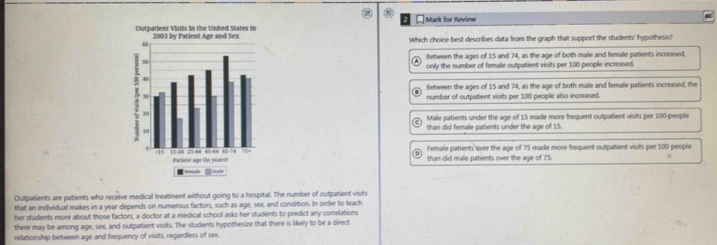 Mark for Review
Which choice best describes data from the graph that support the students' hypothesis?
Between the ages of 15 and 74, as the age of both male and female patients increased,
only the number of female outpatient visits per 100 people increased.
Between the ages of 15 and 74, as the age of both male and female patients increased, the
number of outpatient visits per 100 people also increased.
Male patients under the age of 15 made more frequent outpatient visits per 100 people
than did female patients under the age of 15.
Female patients over the age of 75 made more frequent outpatient visits per 100 people
than did male patients over the age of 75.
Outpatients are patients who receive medical treatment without going to a hospital. The number of outpatient visits
that an individual makes in a year depends on numerous factors, such as age, sex, and condition. In order to teach
her students more about those factors, a doctor at a medical school asks her students to predict any correlations
there may be among age, sex, and outpatient visits. The students hypothesize that there is likely to be a direct
relationship between age and frequency of visits, regardless of sex.