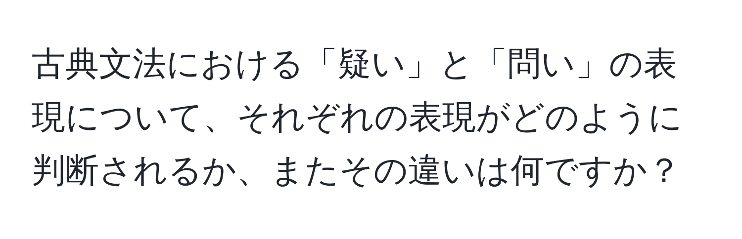 古典文法における「疑い」と「問い」の表現について、それぞれの表現がどのように判断されるか、またその違いは何ですか？