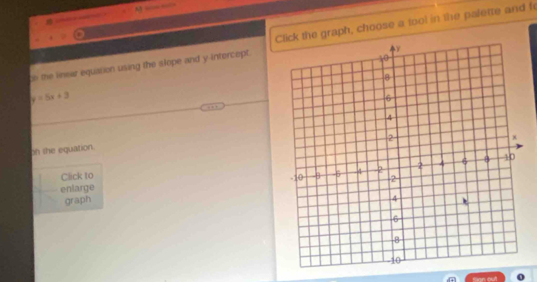 “ 
Click the graph, choose a tool in the palette and f 
be me linear equation using the slope and y intercept.
y=5x+3
on the equation. 
Click to 
enlarge 
graph 
Sign out