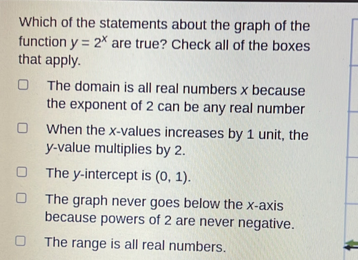 Solved: Which of the statements about the graph of the function y=2^x ...