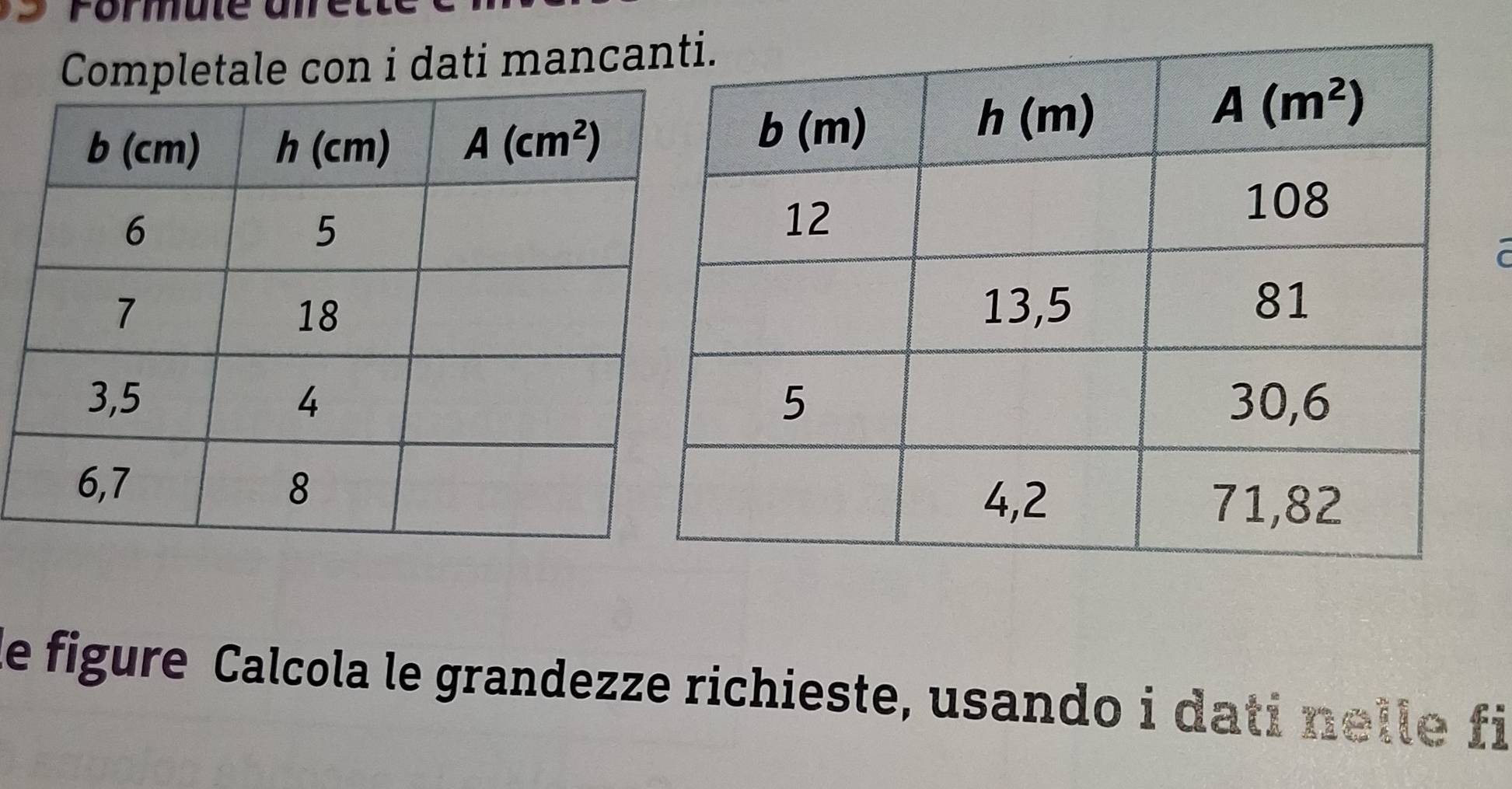 Formute ané
Completale con i dati manca
e figure Calcola le grandezze richieste, usando i dati nelle fi