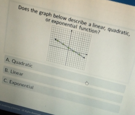 Does the graph below describe a linear, quadratic
or exponenon?
A. Quadratic
B. Linear
C. Exponential
,Sadency of Sicience. Af Kights Resercye