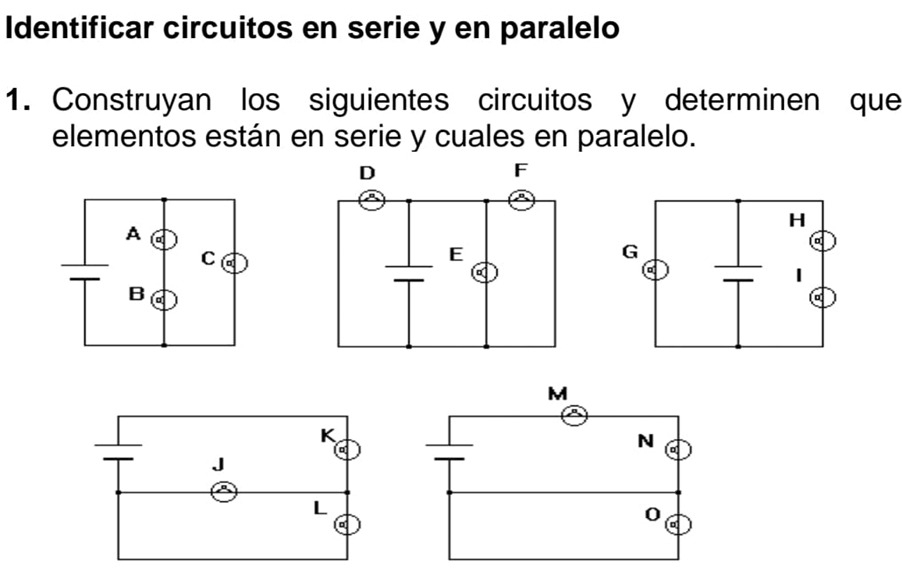 Identificar circuitos en serie y en paralelo 
1. Construyan los siguientes circuitos y determinen que 
elementos están en serie y cuales en paralelo.
H
G