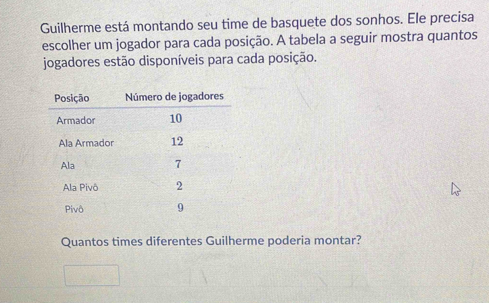 Guilherme está montando seu time de basquete dos sonhos. Ele precisa 
escolher um jogador para cada posição. A tabela a seguir mostra quantos 
jogadores estão disponíveis para cada posição. 
Quantos times diferentes Guilherme poderia montar?