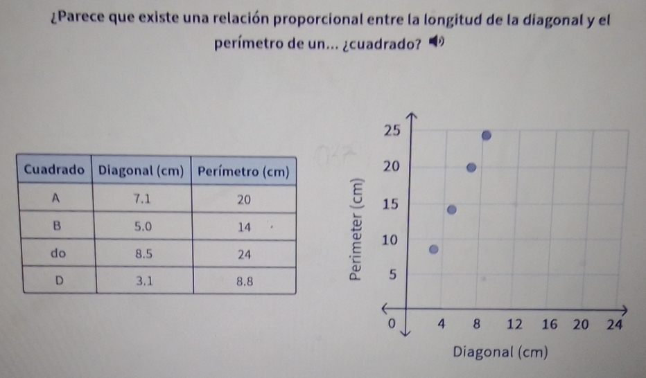 ¿Parece que existe una relación proporcional entre la longitud de la diagonal y el 
perímetro de un... ¿cuadrado?