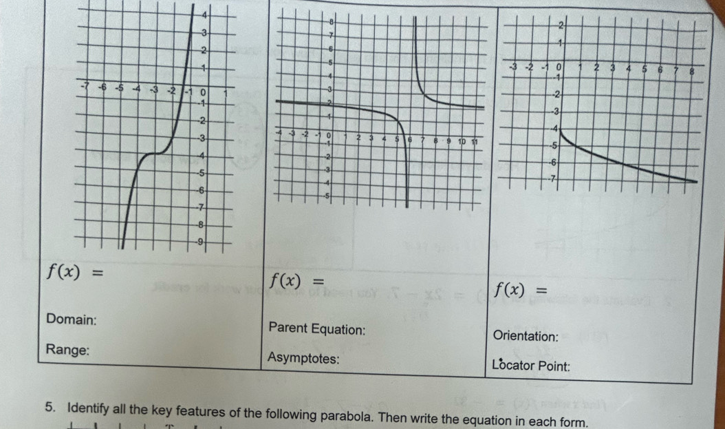 4

f(x)=
f(x)=
Domain: Parent Equation: Orientation:
Range: Asymptotes: Locator Point:
5. Identify all the key features of the following parabola. Then write the equation in each form.