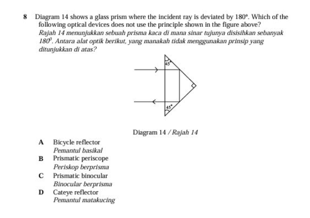 Diagram 14 shows a glass prism where the incident ray is deviated by 180°. Which of the
following optical devices does not use the principle shown in the figure above?
Rajah 14 menunjukkan sebuah prisma kaca di mana sinar tujunya disisihkan sebanyak
180°. Antara alat optik berikut, yang manakah tidak menggunakan prinsip yang
ditunjukkan di atas?
45°
45°
Diagram 14 / Rajah 14
A Bicycle reflector
Pemantul basikal
B Prismatic periscope
Periskop berprisma
C Prismatic binocular
Binocular berprisma
D Cateye reflector
Pemantul matakucing