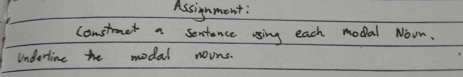 Assignment: 
constmet a sentence using each modal Noor. 
Undorline he modal noons.