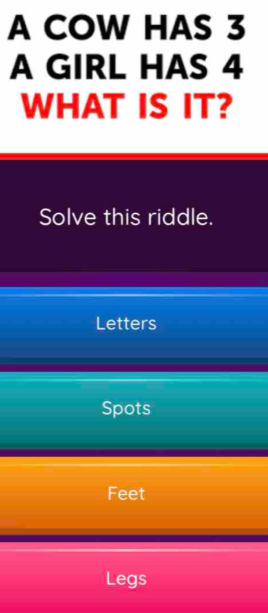 Solved: A COW HAS 3 A GIRL HAS 4 WHAT IS IT? Solve this riddle. Letters ...