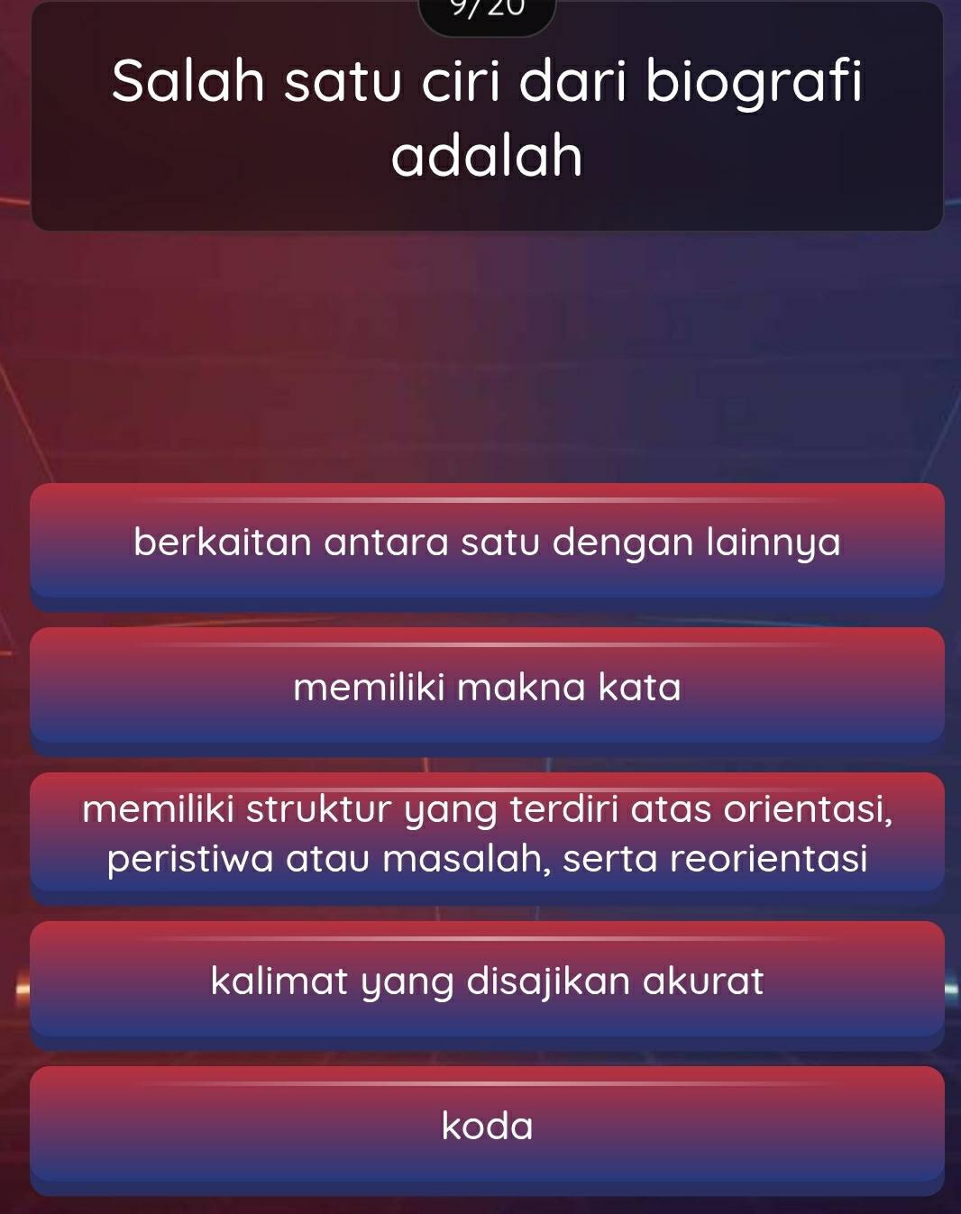 Salah satu ciri dari biografi
adalah
berkaitan antara satu dengan lainnya
memiliki makna kata
memiliki struktur yang terdiri atas orientasi,
peristiwa atau masalah, serta reorientasi
kalimat yang disajikan akurat
koda