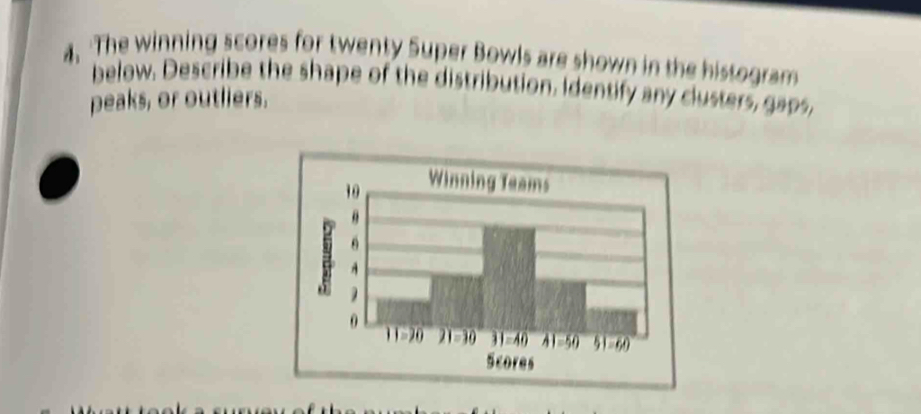 The winning scores for twenty Super Bowls are shown in the histogram
below. Describe the shape of the distribution. Identify any clusters, gaps,
peaks, or outliers.
Winning Teams
Scores