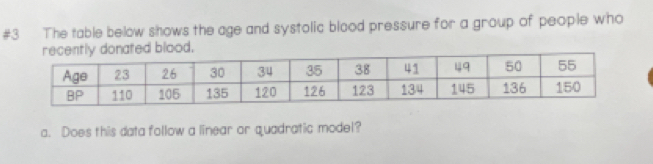 #3 The table below shows the age and systolic blood pressure for a group of people who 
ly donated blood. 
a. Does this data follow a linear or quadratic model?