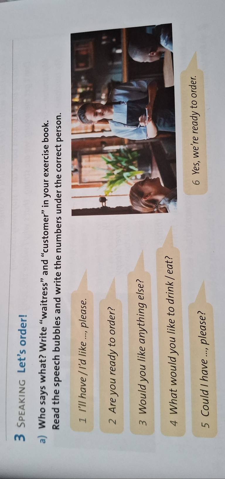 Speaking Let's order! 
a) Who says what? Write “waitress” and “customer” in your exercise book. 
Read the speech bubbles and write the numbers under the correct person. 
1 I’ll have / I’d like ..., please. 
2 Are you ready to order? 
3 Would you like anything else? 
4 What would you like to drink / eat? 
6 Yes, we’re ready to order. 
5 Could I have ..., please?