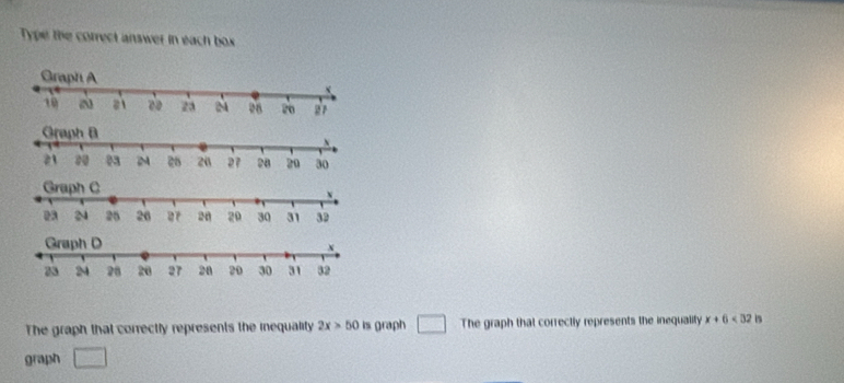 Type the correct answer in each box 
The graph that correctly represents the iequality 2x>50 is graph □ The graph that correctly represents the inequality x+6<32</tex> is 
graph □