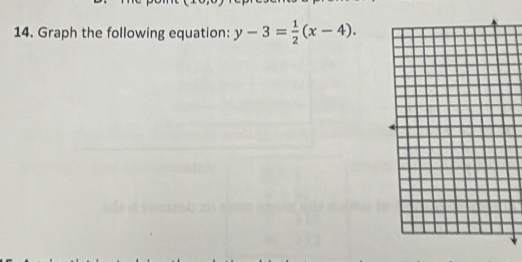 Graph the following equation: y-3= 1/2 (x-4).