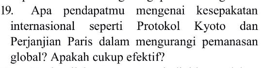 Apa pendapatmu mengenai kesepakatan 
internasional seperti Protokol Kyoto dan 
Perjanjian Paris dalam mengurangi pemanasan 
global? Apakah cukup efektif?