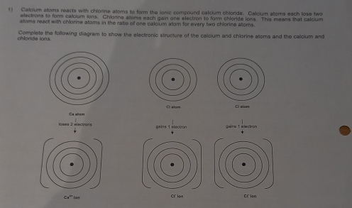 Calcium atoms reacts with chiorine atoms to form the ionic compound calcium chlorde. Calcium atoms each lose two 
electrons to form calcium ions. Chlorne atoms each gain one electron to form chloride ions. This means that calcium 
atoms react with chlorine atoms in the ratio of one calcium atom for every two chlorine atoms. 
chloride ions. Complete the following diagram to show the electronic structure of the calcium and chlorine atoms and the calcium and 

igans 2 electrons gains 1 electron gairs 1 electron 
Cr len
Cs^(tu)i_tin Cl ion