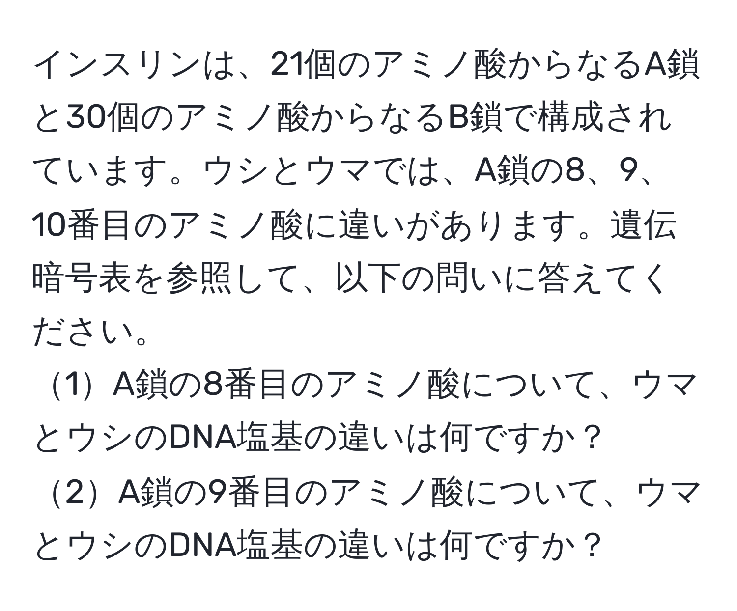 インスリンは、21個のアミノ酸からなるA鎖と30個のアミノ酸からなるB鎖で構成されています。ウシとウマでは、A鎖の8、9、10番目のアミノ酸に違いがあります。遺伝暗号表を参照して、以下の問いに答えてください。  
1A鎖の8番目のアミノ酸について、ウマとウシのDNA塩基の違いは何ですか？  
2A鎖の9番目のアミノ酸について、ウマとウシのDNA塩基の違いは何ですか？