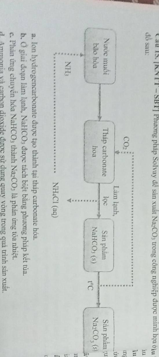 Cầu 15. [KNTT -SBT] Phương pháp Solvay đề sản xuất Na_2CO_3 trong công nghiệp được minh họa ởiu
đồ sau:
àu
ìu
CO_2
un
Làm lạnh, ú
Nước muối Tháp carbonate lọc Sản phẩm Sản phẩm ;u
bāo hòa hoa NaH( CO_3 (s) t°C Na_2CO_3(s)
1
NH_3
NH₄Cl (aq)
.
a. Ion hydrogencarbonate được tạo thành tại tháp carbonate hóa.
b. Ô giai đoạn làm lạnh, NaHCO_3 được tách biệt bằng phương pháp kết tủa.
c. Phản ứng chuyển hóa NaHCO_3 thành Na_2CO_3 là phản ứng tỏa nhiệt.
d. Ammonia và carbon dioxide được sử dụng quay vòng trong quả trình sản xuất.