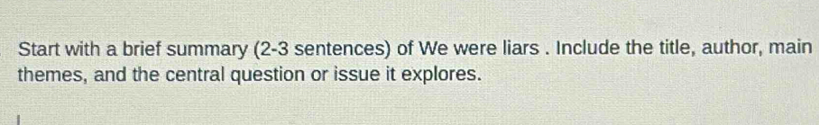 Start with a brief summary (2-3 sentences) of We were liars . Include the title, author, main 
themes, and the central question or issue it explores.