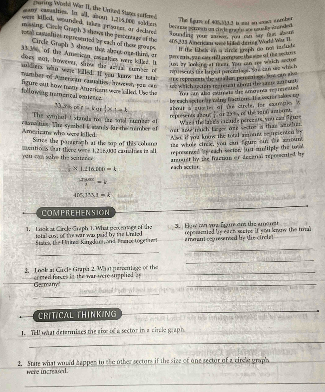 During World War II, the United States suffered
many casualties. In all, about 1,216,000 soldiers because percents on circle graphs are usually rounded .
The figure of 405,333.3 is not an exact number
were killed, wounded, taken prisoner, or declared
missing. Circle Graph 3 shows the percentage of the 405,333 Americans were killed during World War I).
Rounding your answer you can say that about
rotal casualties represented by each of these groups. If the labels on a circle graph do not include
Circle Graph 3 shows that about one-third, or
33.3%, of the American casualties were killed. It percents, you can still compare the size of the sectors
just by looking at them. You can see which sector
does not, however, show the actual number of represents the largest percentage. You can see which
soldiers who were killed. If you know the total one represents the smallest percentage. You can also
number of American casualties, however, you can see which sectors represent about the same amount
figure out how many Americans were killed. Use the You can also estimate the amounts represented
following numerical sentence.
by each sector by using fractions. If a sector takes up
33,3% oft=k or  1/3 * t=k
about a quarter of the circle, for example, it
represents about  1/4  or 25%, of the total amount.
The symbol t stands for the total number of When the labels include percents, you can figure
casualties. The symbol k stands for the number of out how much larger one sector is than another.
Americans who were killed.
Also, if you know the total amount represented by
Since the paragraph at the top of this column the whole circle, you can figure out the amount
mentions that there were 1,216,000 casualties in all, represented by each sector. Just multiply the total
you can solve the sentence:
amount by the fraction or decimal represented by
 1/3 * 1,216,000=k each sector.
 (1.216,000)/3 =k
405,333.3=k
COMPREHENSION
1. Look at Circle Graph 1. What percentage of the 3. How can you figure out the amount
total cost of the war was paid by the United represented by each sector if you know the total
States, the United Kingdom, and France together? amount represented by the circle?
_
_
_
2. Look at Circle Graph 2. What percentage of the
armed forces in the war were supplied by
_
Germany?
_
_
CRITICAL THINKING
_
_
1. Tell what determines the size of a sector in a circle graph.
_
2. State what would happen to the other sectors if the size of one sector of a circle graph
were increased.
_