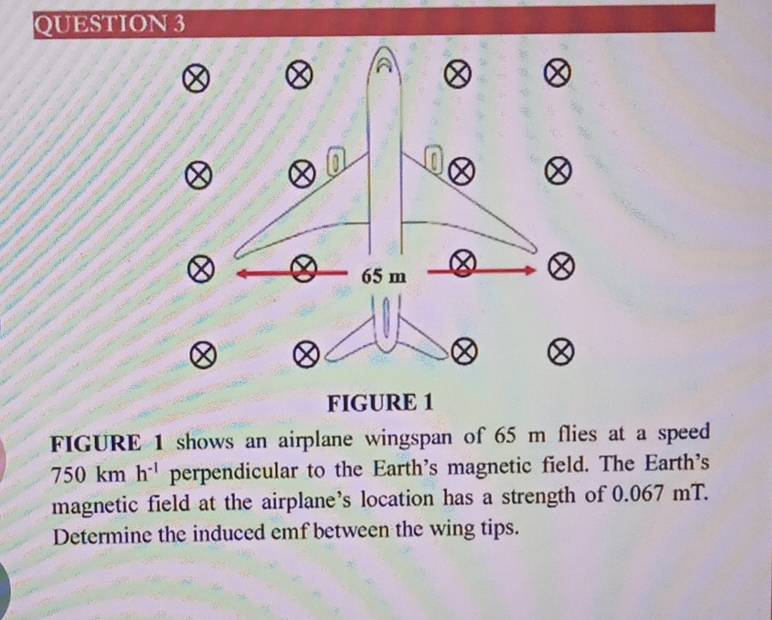 65 m
FIGURE 1 
FIGURE 1 shows an airplane wingspan of 65 m flies at a speed
750kmh^(-1) perpendicular to the Earth's magnetic field. The Earth's 
magnetic field at the airplane’s location has a strength of 0.067 mT. 
Determine the induced emf between the wing tips.