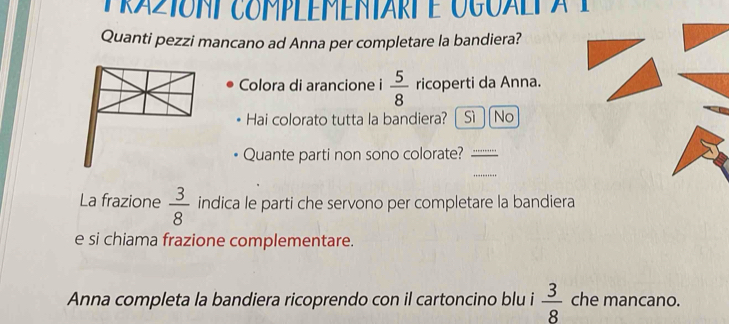 Traziont complementart e ogualtà l
Quanti pezzi mancano ad Anna per completare la bandiera?
Colora di arancione i  5/8  ricoperti da Anna.
Hai colorato tutta la bandiera? [Sì ]No
Quante parti non sono colorate?
La frazione  3/8  indica le parti che servono per completare la bandiera
e si chiama frazione complementare.
Anna completa la bandiera ricoprendo con il cartoncino blu i  3/8  che mancano.