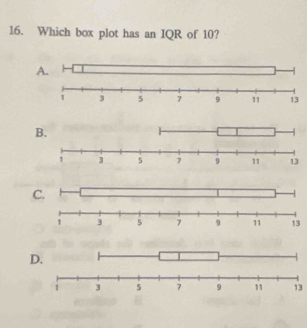 Which box plot has an IQR of 10? 
B 
D
13