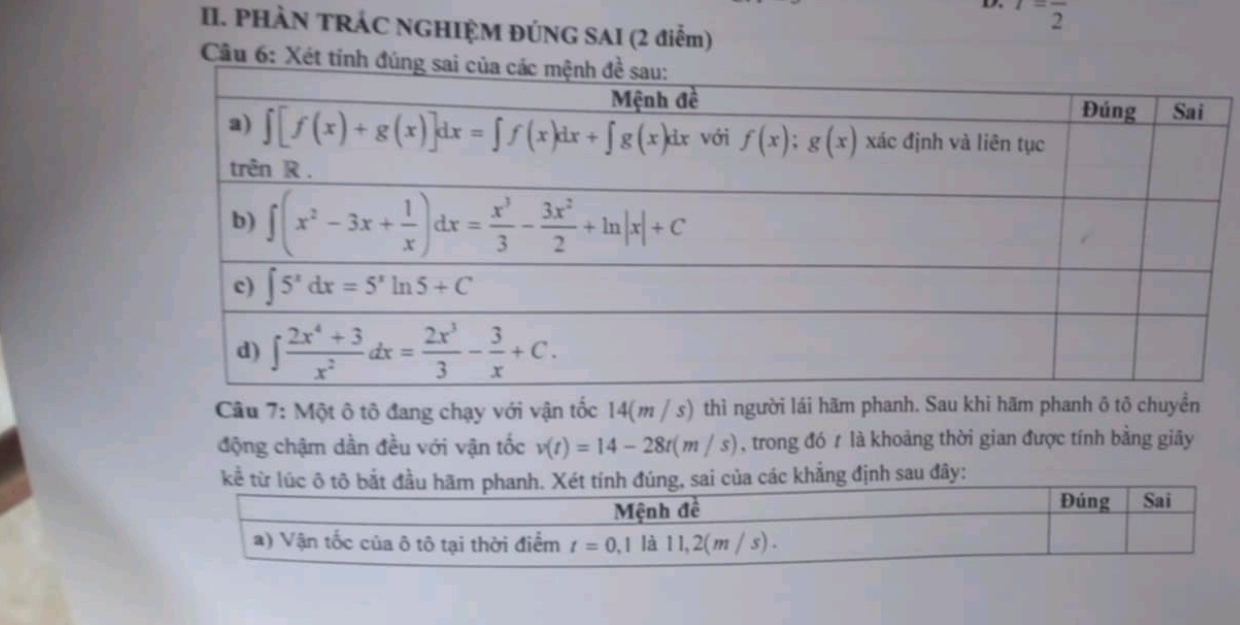 x=frac 2
II. PHÀN TRÁC NGHIỆM ĐÚNG SAI (2 điểm)
Câu 6: Xét tínhở 
Câu 7: Một ô tô đang chạy với vận tốc 14(m / s) thì người lái hãm phanh. Sau khi hãm phanh ô tô chuyền
động chậm dần đều với vận tốc v(t)=14-28t(m/s) , trong đó t là khoảng thời gian được tính bằng giãy
kể từ lúc ô tô bắt đầu hãm phanh. Xét tính đúng, sai của các khắng định sau đây:
Mệnh đề Đúng Sai
a) Vận tốc của ô tô tại thời điểm t=0,1 là 11,2(m/s)