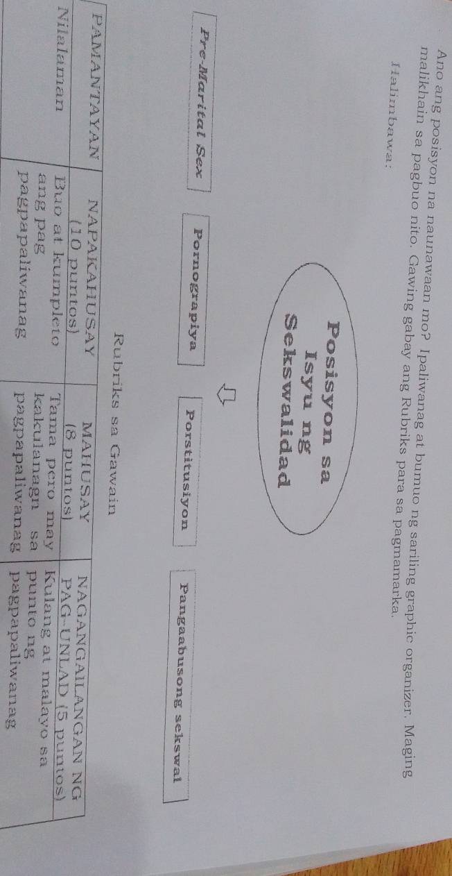 Ano ang posisyon na naunawaan mo? Ipaliwanag at bumuo ng sariling graphic organizer. Maging 
malikhain sa pagbuo nito. Gawing gabay ang Rubriks para sa pagmamarka. 
Halimbawa: 
Pre-Marital Sex Pornograpiya Porstitusiyon Pangaabusong sekswal 
Rubriks sa Gaw