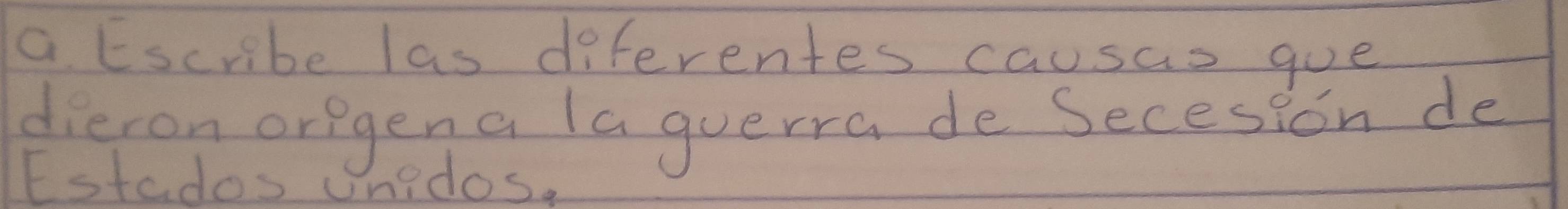 a Escribe las diferentes causas goe 
dieron oregena la guerra de Secesion de 
Estados unidos.