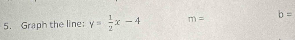 Graph the line: y= 1/2 x-4
m=
b=