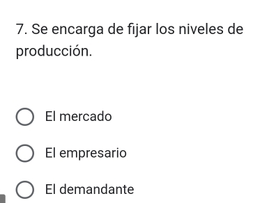 Se encarga de fijar los niveles de
producción.
El mercado
El empresario
El demandante