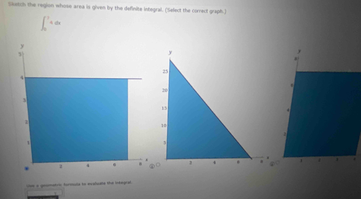 Sketch the region whose area is given by the definite integral. (Select the correct graph.)
∈t _0^74dx
4
Use a geometric formula to evaluate the integral.
Y