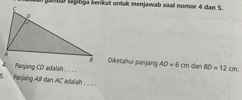 kan gambar segitiga berikut untuk menjawab soal nomor 4 dan 5. 
Diketahui panjang AD=6cm dan BD=12cm. 
4. Panjang CD adalah . . . . 
5. Panjang AB dan AC adalah . . . .