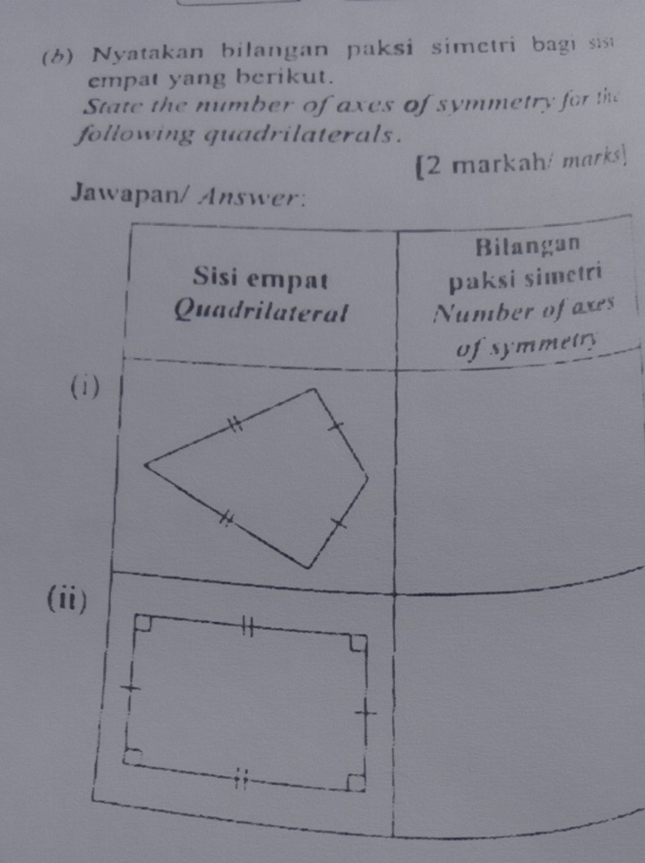 (6) Nyatakan bilangan paksi simetri bagi sist 
empat yang berikut. 
State the number of axes of symmetry for the 
following quadrilaterals. 
[2 markah/ marks] 
Jawapan/ Answer: 
s 
(i