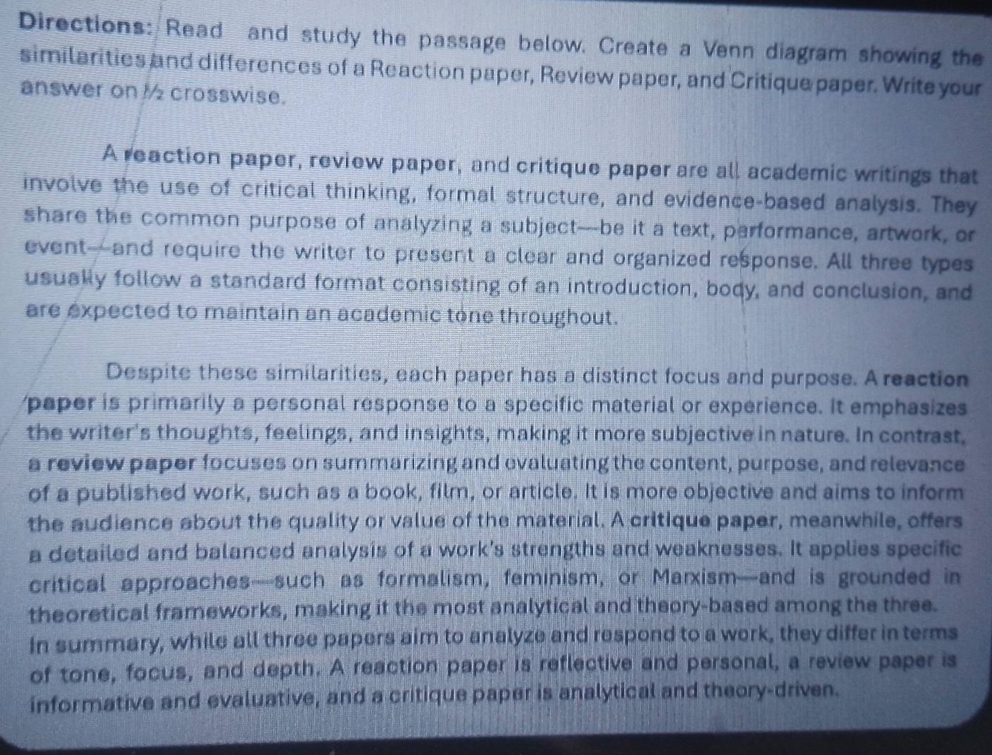 Solved: Directions: Read and study the passage below. Create a Venn ...