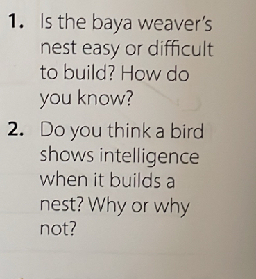 Is the baya weaver's 
nest easy or difficult 
to build? How do 
you know? 
2. Do you think a bird 
shows intelligence 
when it builds a 
nest? Why or why 
not?