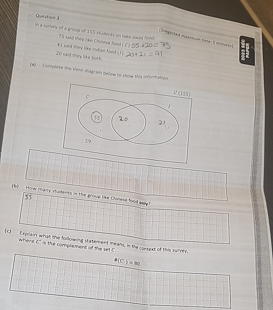 In a survey of a group of 155 students on take-away food: a 
(Suggested maximum time: 5 minutes) 7
75 said they like Chinese food (C ) 
a
41 said they like Indian food (/)
20 said they like both. 
(a) Complete the Venn diagram below to show this information. 
(b) How many students in the group like Chinese food only? 
(c) Explai what the following statement means, in the context of this survey, 
where C' is the complement of the set C :
# (C')=80