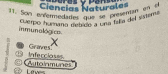 Ciencias Naturales
11. Son enfermedades que se presentan en el
cuerpo humano debido a una falla del sistema
in munológico.
Graves.
⑤ Infecciosas.
Autoinmunes.
Leves