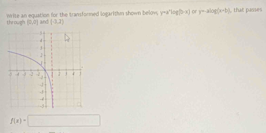 Write an equation for the transformed logarithm shown below, y=a^*log (b-x) or y=-alog (x+b) , that passes 
through (0,0) and (-3,2)
f(x)=□