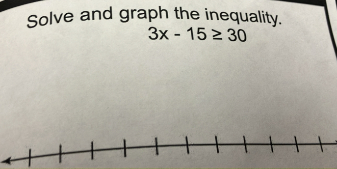 Solve and graph the inequality.
3x-15≥ 30